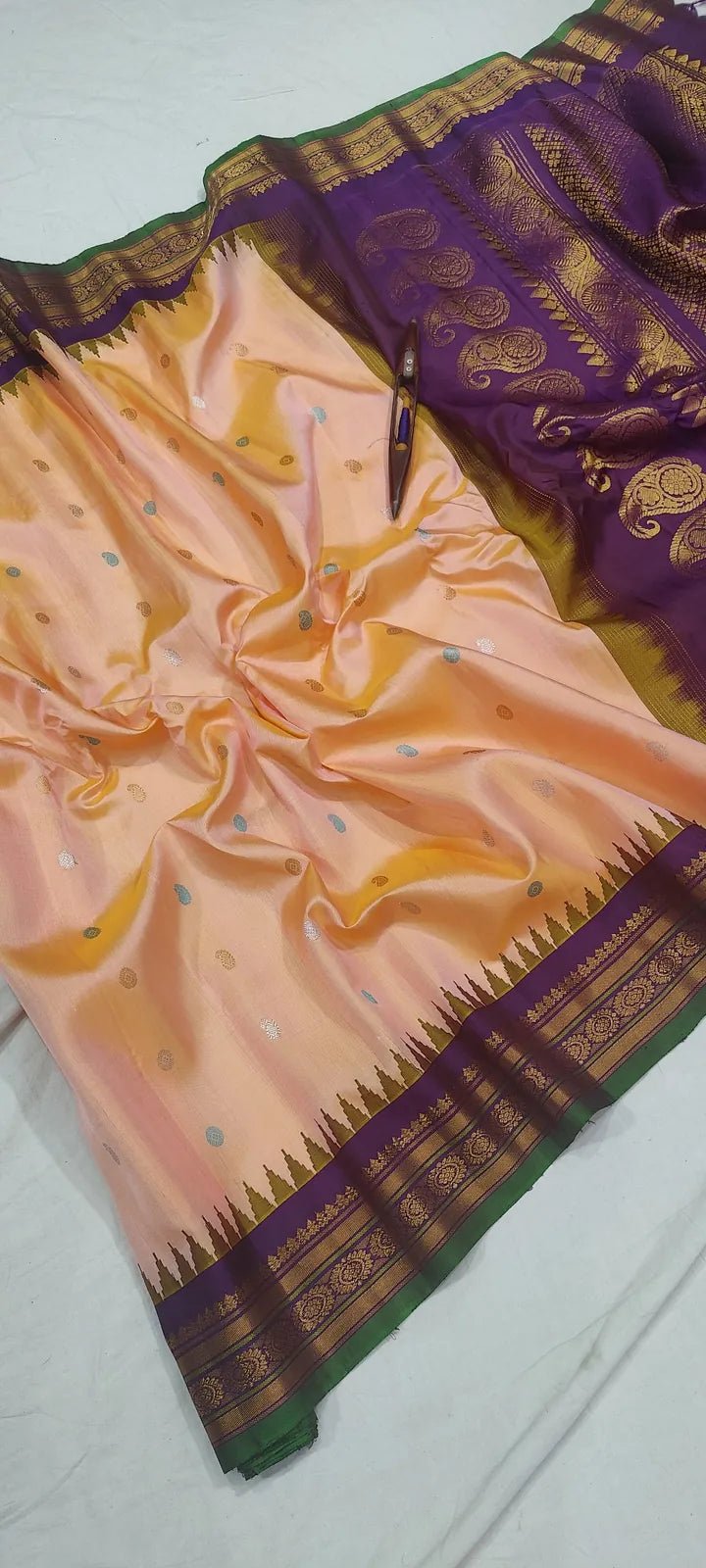 Gadwal Handloom Pure Silk Traditional Border Saree – Light Orange with Magenta Pink - GadwalHandloom