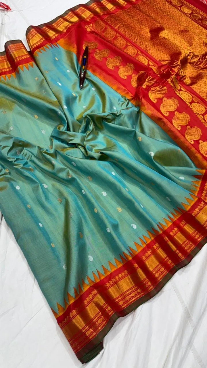 Gadwal Handloom Pure Silk Traditional Border Saree – Red with Sea Green Double Shade - GadwalHandloom
