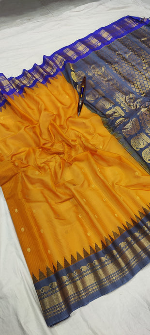 Gadwal Pure Sico Kuttu border-13_mustred yellow with blue and grey ganga jamuna