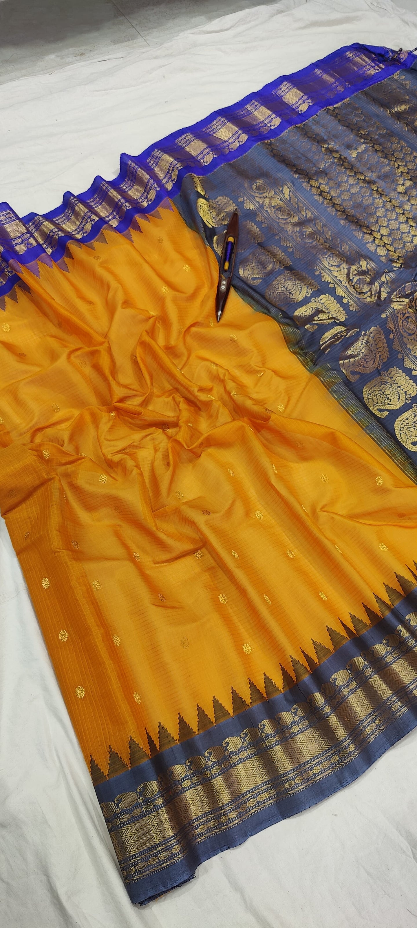 Gadwal Pure Sico Kuttu border-13_mustred yellow with blue and grey ganga jamuna