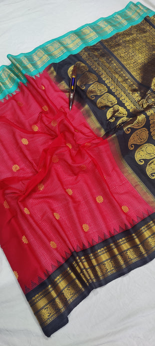 Gadwal Handloom Pure Sico Kuttu border-9_red  with sea green black ganga jamuna