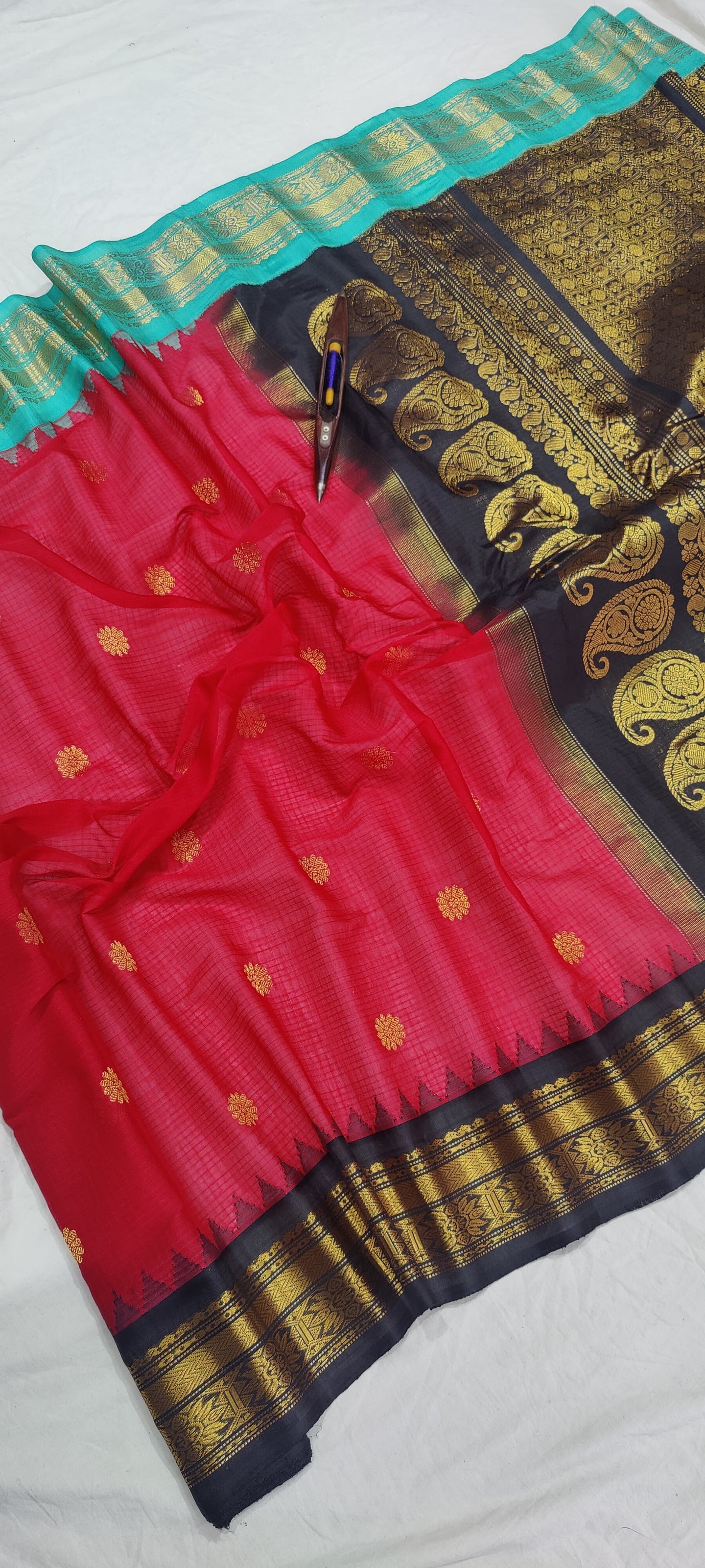 Gadwal Handloom Pure Sico Kuttu border-9_red  with sea green black ganga jamuna