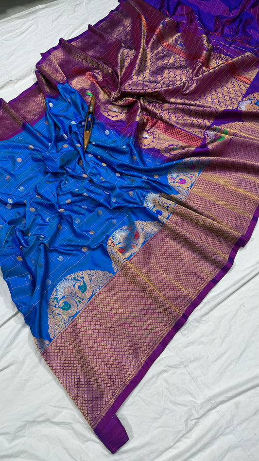 Gadwal Handloom Pure Silk Turning Border sky-blue with Magenta pink