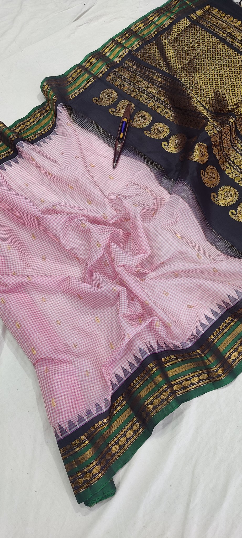 Gadwal Handloom Pure Sico Kuttu border - 11_light pink multi checks with black - GadwalHandloom