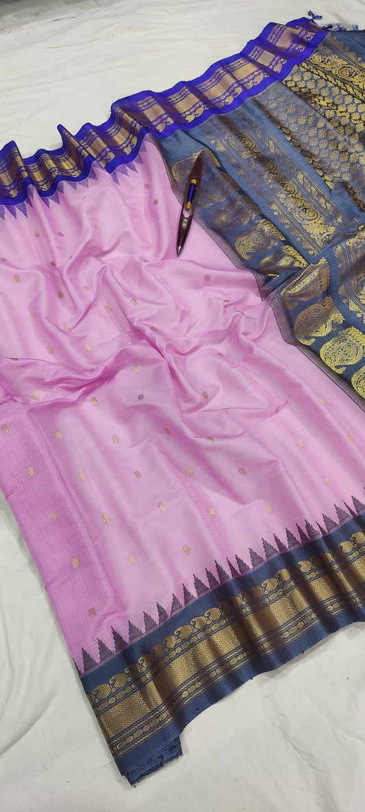 Gadwal Handloom Pure Sico Kuttu border - 12_pink with blue and grey ganga jamuna - GadwalHandloom