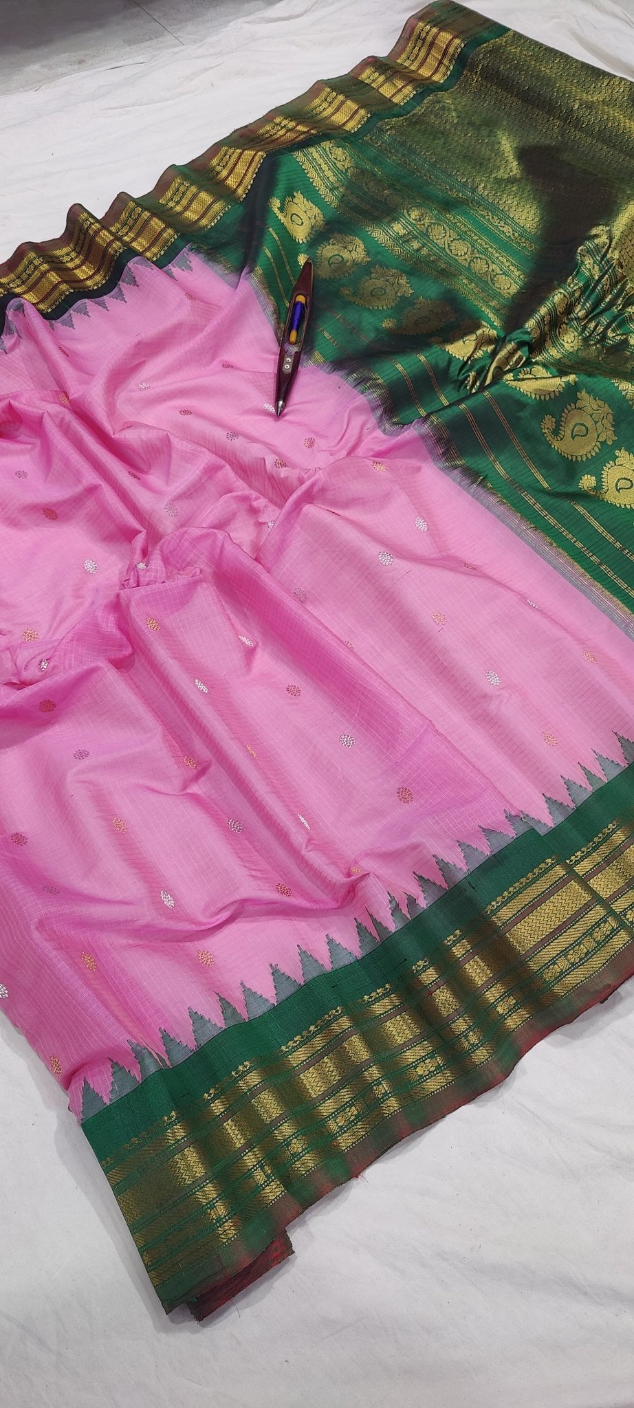 Gadwal Handloom Pure Sico Kuttu border - 15_pink with green - GadwalHandloom