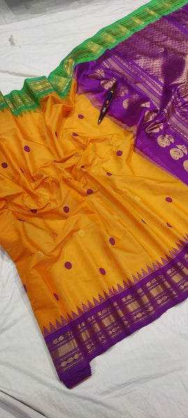 Gadwal Handloom Pure Sico Kuttu border-16_mustred yellow with green and mejantha ganga jamuna