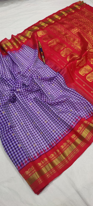 Gadwal Handloom Pure Sico Kuttu border - 18_blue multi checks with red - GadwalHandloom