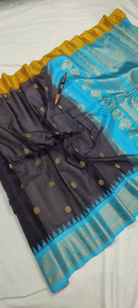 Gadwal Handloom Pure Sico Kuttu border-19_black  with sea green and yellow ganga jamuna
