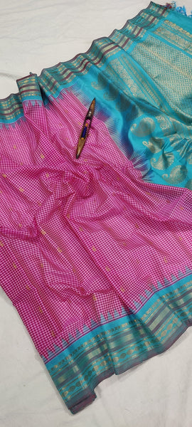 Gadwal Handloom Pure Sico Kuttu border-21_light pink multi checks with sea blue