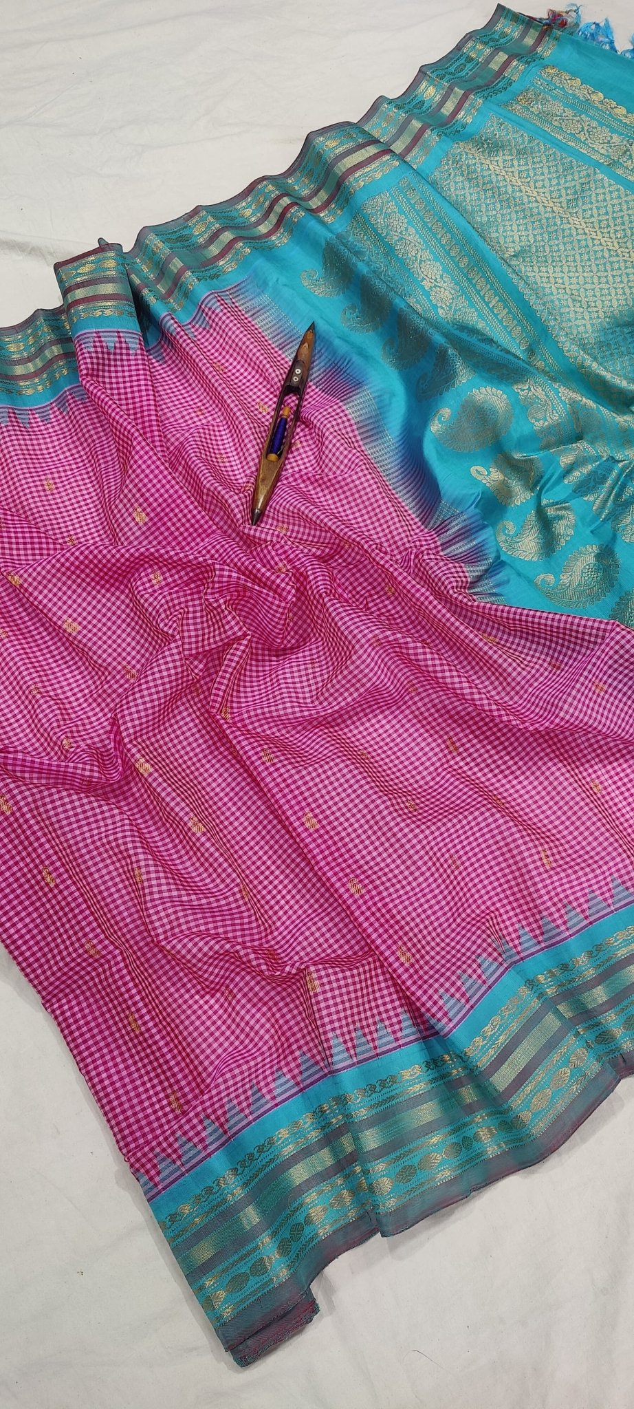 Gadwal Handloom Pure Sico Kuttu border - 21_light pink multi checks with sea blue - GadwalHandloom