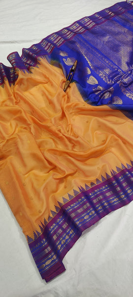 Gadwal Handloom Pure Sico Kuttu border-22_mustred yellow  with blue