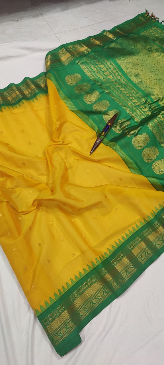 Gadwal Handloom Pure Sico Kuttu border - 3_mango yellow with green - GadwalHandloom