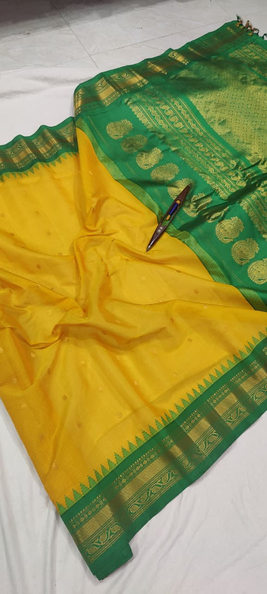 Gadwal Handloom Pure Sico Kuttu border - 3_mango yellow with green - GadwalHandloom