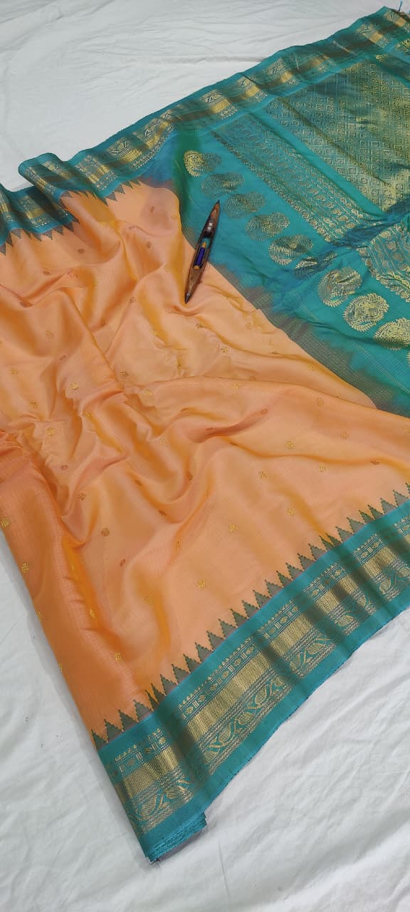 Gadwal Handloom Pure Sico Kuttu border - 5_light orange with ramagreen - GadwalHandloom