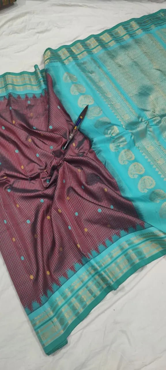 Gadwal Handloom Pure Silk Traditional Border Saree – Chocolate with Sea Green - GadwalHandloom