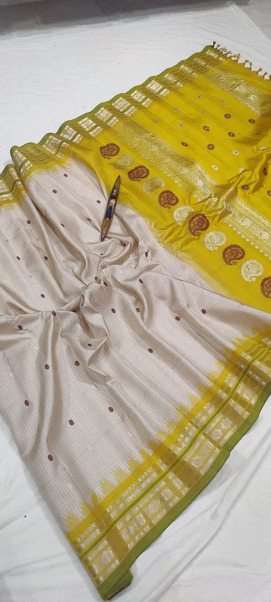 Gadwal Handloom Pure Silk Traditional Border Saree – Cream with Yellow Border - GadwalHandloom