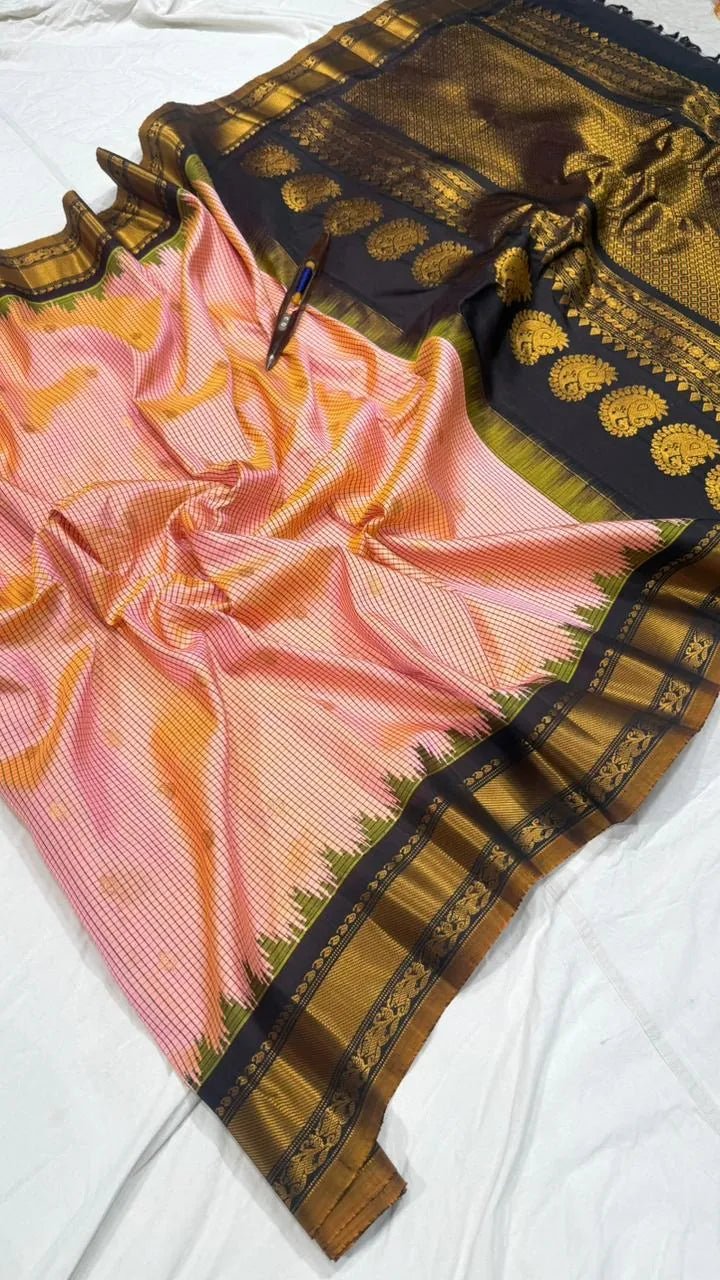 Gadwal Handloom Pure Silk Traditional Border Saree – Kankamabaram with Black - GadwalHandloom