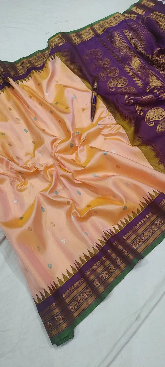 Gadwal Handloom Pure Silk Traditional Border Saree – Light Orange with Magenta Pink - GadwalHandloom