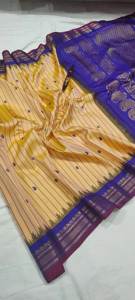 Gadwal Handloom Pure Silk Traditional Border Saree – Light Yellow with Royal Blue - GadwalHandloom