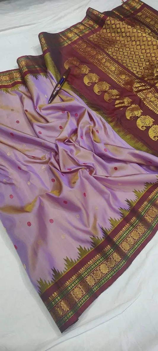 Gadwal Handloom Pure Silk Traditional Border Saree – Maroon with Lavender Double Shade - GadwalHandloom