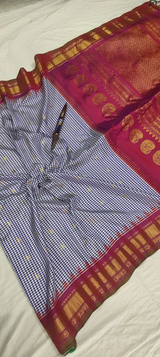 Gadwal Handloom Pure Silk Traditional Border Saree – Pink with Blue Multi - Checks - GadwalHandloom