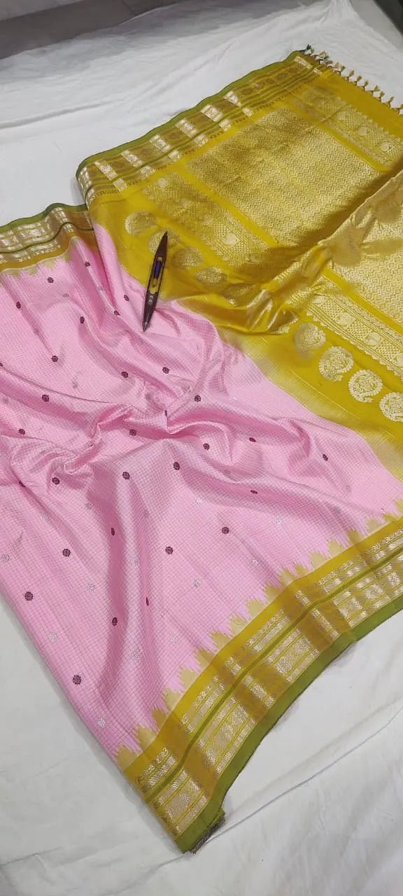 Gadwal Handloom Pure Silk Traditional Border Saree – Pink with Yellow Border - GadwalHandloom