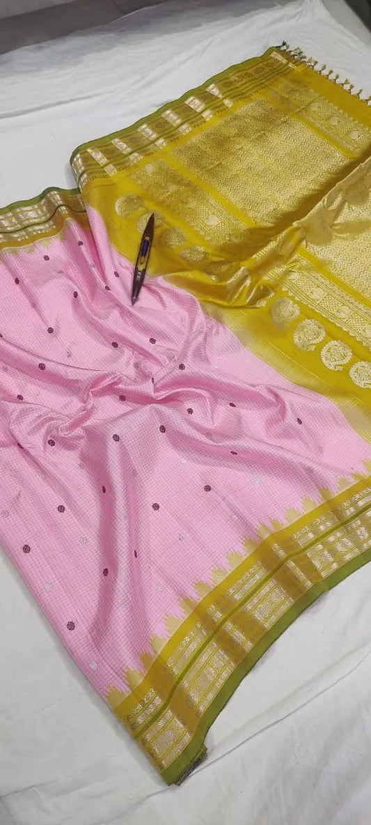 Gadwal Handloom Pure Silk Traditional Border Saree – Pink with Yellow Border - GadwalHandloom