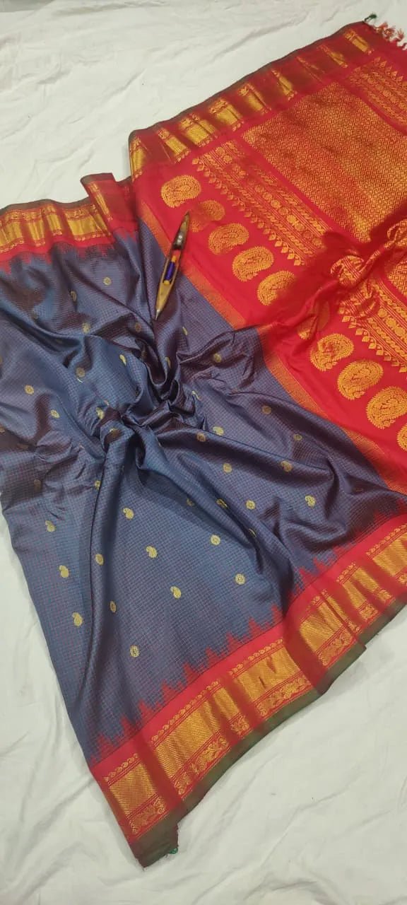 Gadwal Handloom Pure Silk Traditional Border Saree – Red with Grey - GadwalHandloom