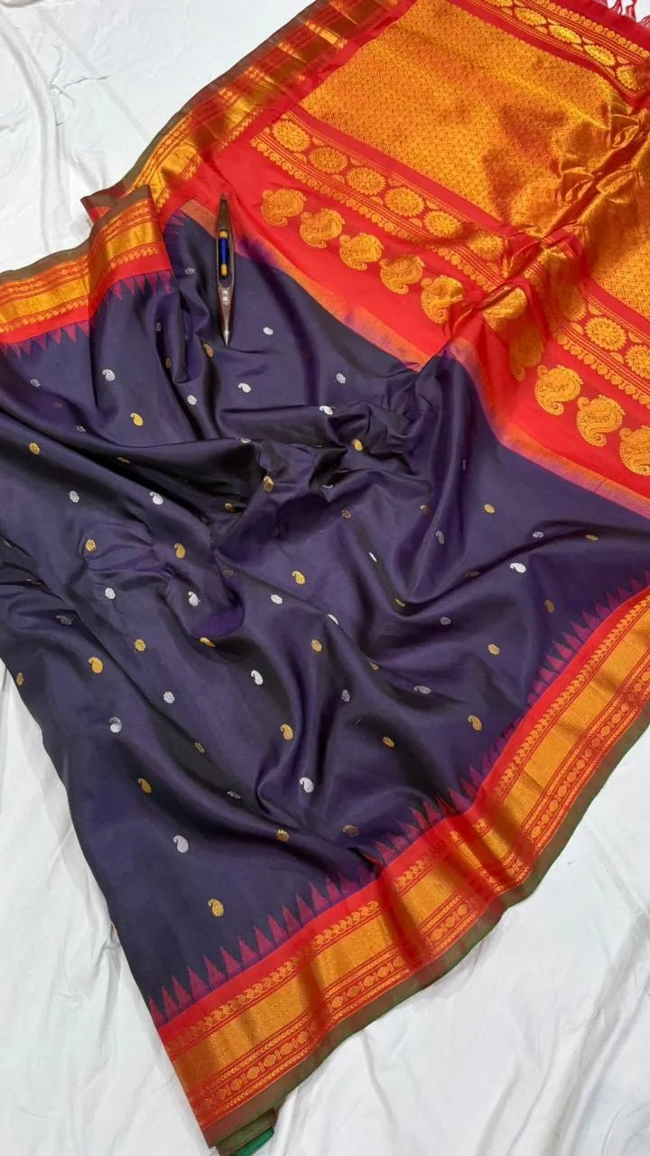 Gadwal Handloom Pure Silk Traditional Border Saree – Wine Blue with Red - GadwalHandloom