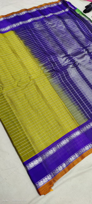 Gadwal Handloom Pure Sico Silver Jari Cintia green with navy - blue - GadwalHandloom