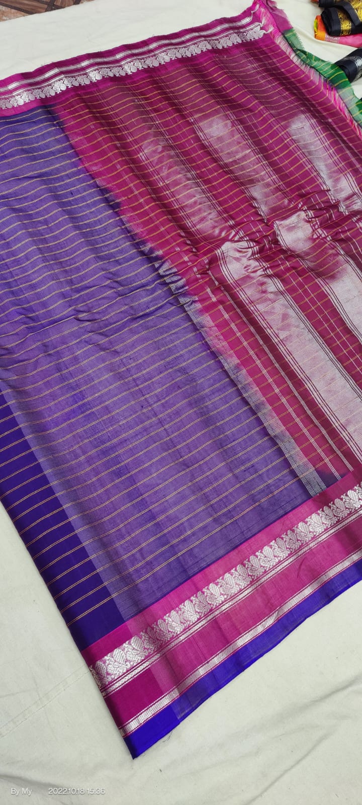 Gadwal Handloom Pure Sico SilverJari blue with ranipink - GadwalHandloom