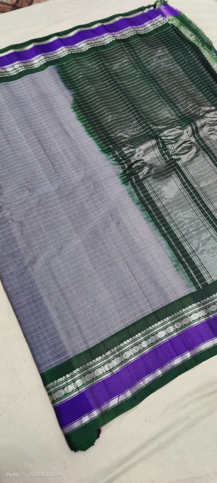 Gadwal Handloom Pure Sico SilverJari Grey with bottlegreen - GadwalHandloom