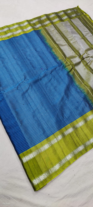 Gadwal Handloom Pure Sico SilverJari Pachi green with Skyblue - GadwalHandloom