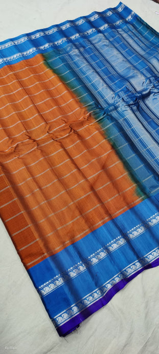Gadwal Handloom Pure Sico SilverJari Rust - Orange with Skyblue - GadwalHandloom